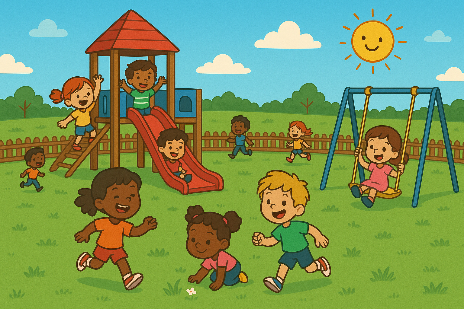 Children exploring freely within a fenced playground area